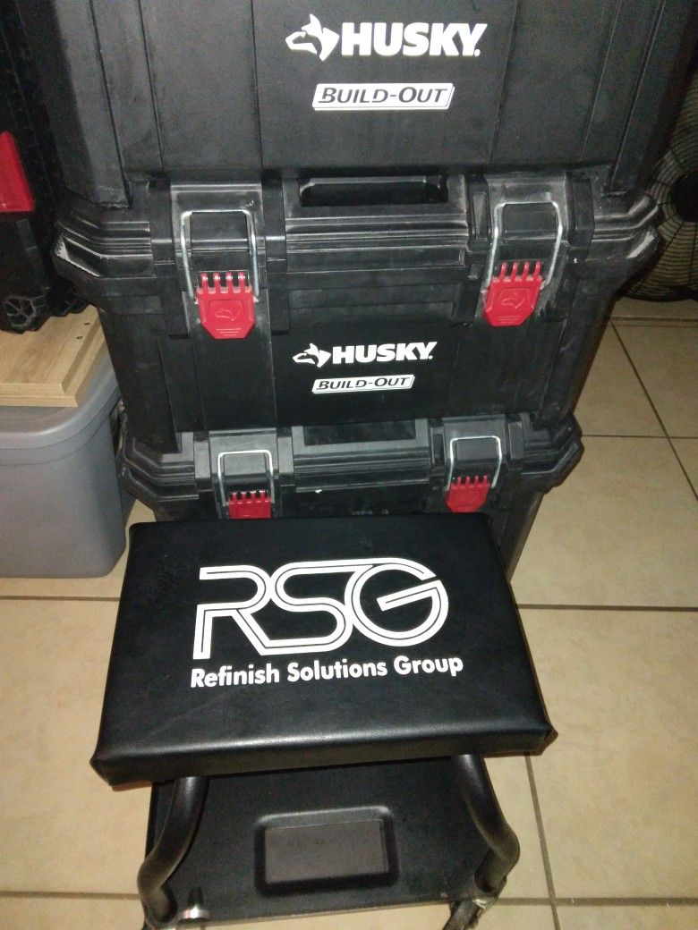 3 Piece Husky Rollbox Set And Mechanics Seat