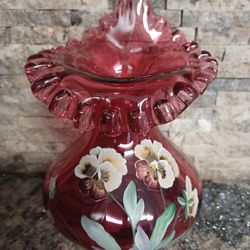 Fenton Cranberry Pansy Jack In The Pulpit Vase 
