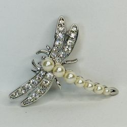 Signed Napier Brooch Pin Dragonfly Silver Tone Faux Pearls Rhinestones Estate