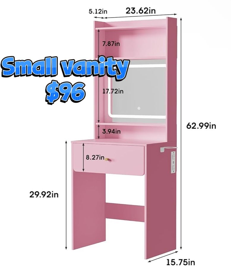 😀 Vabches Small Vanity Desk Set with 3 Adjustable Lighted Mirror and Charger Station,Makeup Vanity Desk for Small Space, Pink