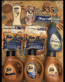 5 Tide: 3 Tide liquid; 2 Tide Pods; 1 Downy; 1 Bic Soleil Razors; 1 Softsoap Body Wash; 1 toothpaste: $35