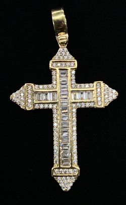 $950 Yellow Gold w Zirconia Cross Religious Charm Pendant