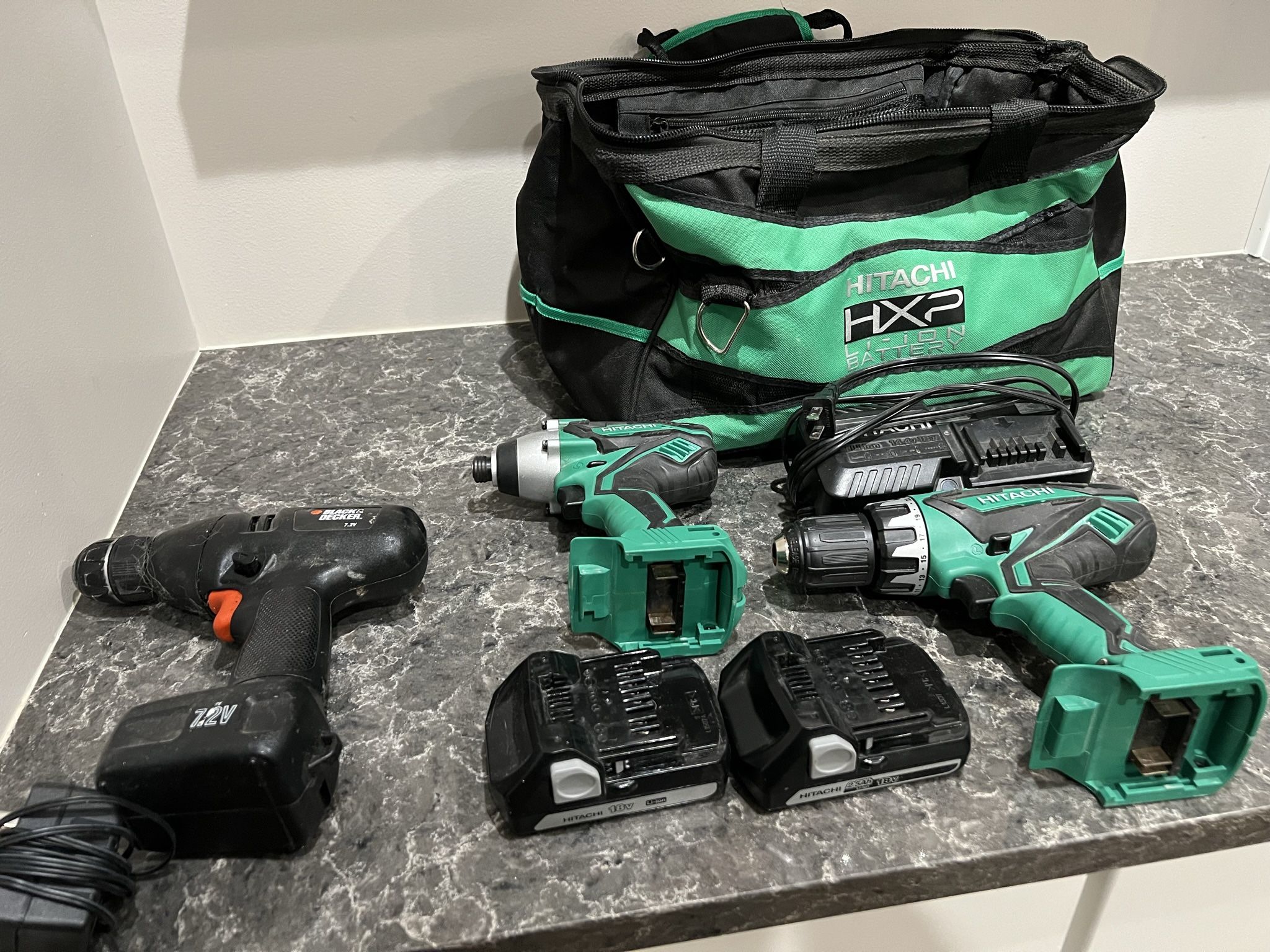 Hitachi Set With Bag And Black And Decker Drill