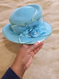 Turquoise Straw Church Hat With Flower Detail