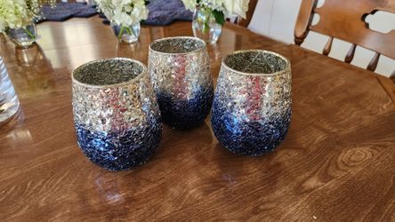 3 Silver And Blue Glitter Votive Candle Holder
