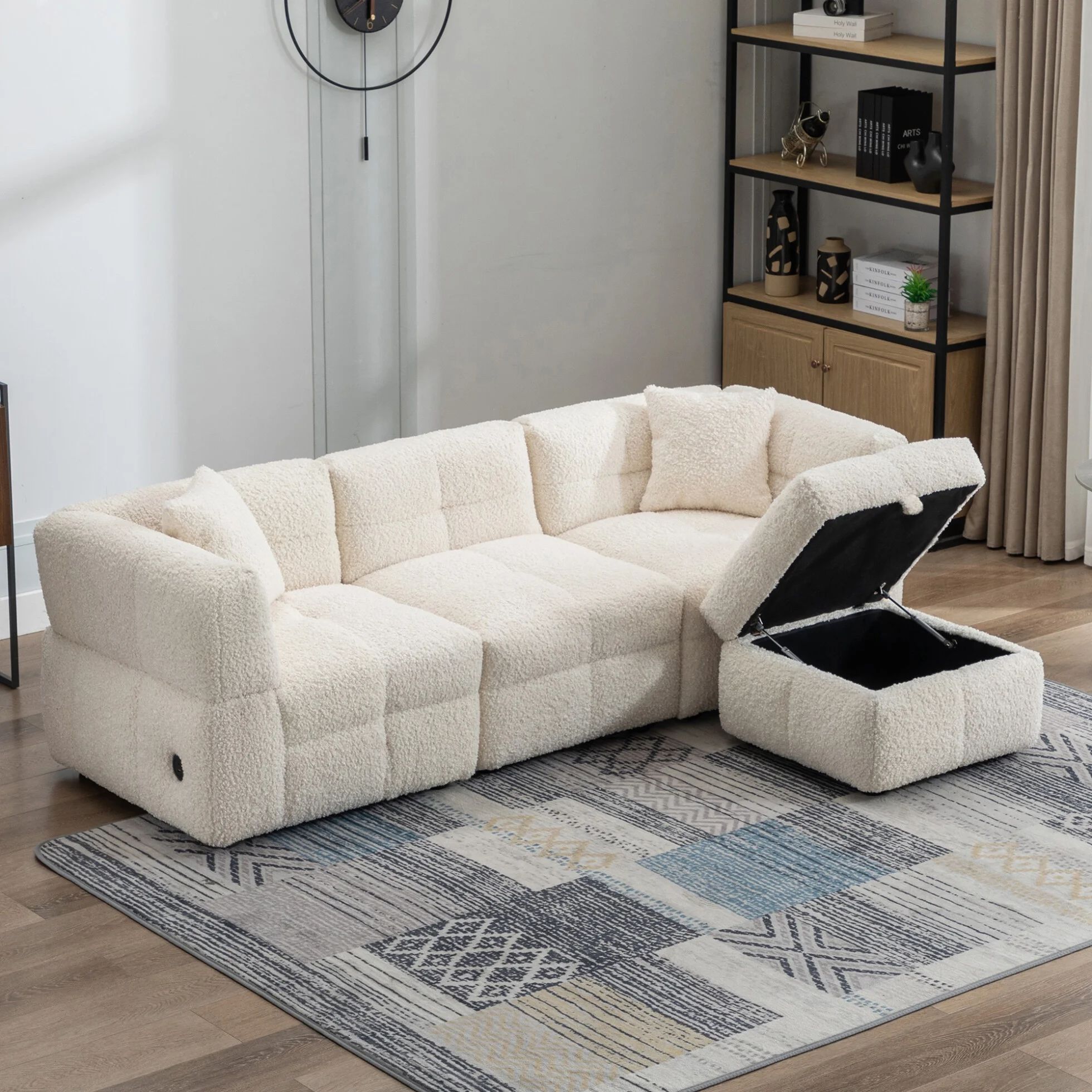 88" Ivory / Cream Teddy Fabric 3-Person Sectional Sofa w/ Storage Ottoman & 2-USB Ports [NEW] **Retails for $870 <<Assembly Req>> 