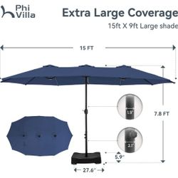 15ft Large Patio Umbrellas with Base Included, Outdoor Double-Sided Rectangle Market Umbrella with Crank Handle, for Pool Lawn Garden, Navy Blue
