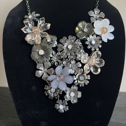 Floral Silver And Gold Statement Necklace 19”