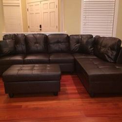 New Sectional Sofa Chocolate Brown Leather Couch Include Free Ottoman And Pillows  