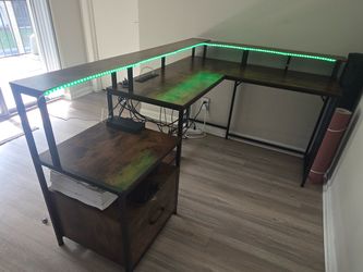 L-Shaped Desk with LED Lights and Storage