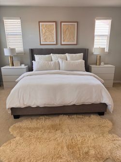 Gray Upholstered Cal-King Bed Frame with Wingback Headboard