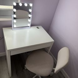 Modern white Vanity Desk with Light-Up Mirror & Chair