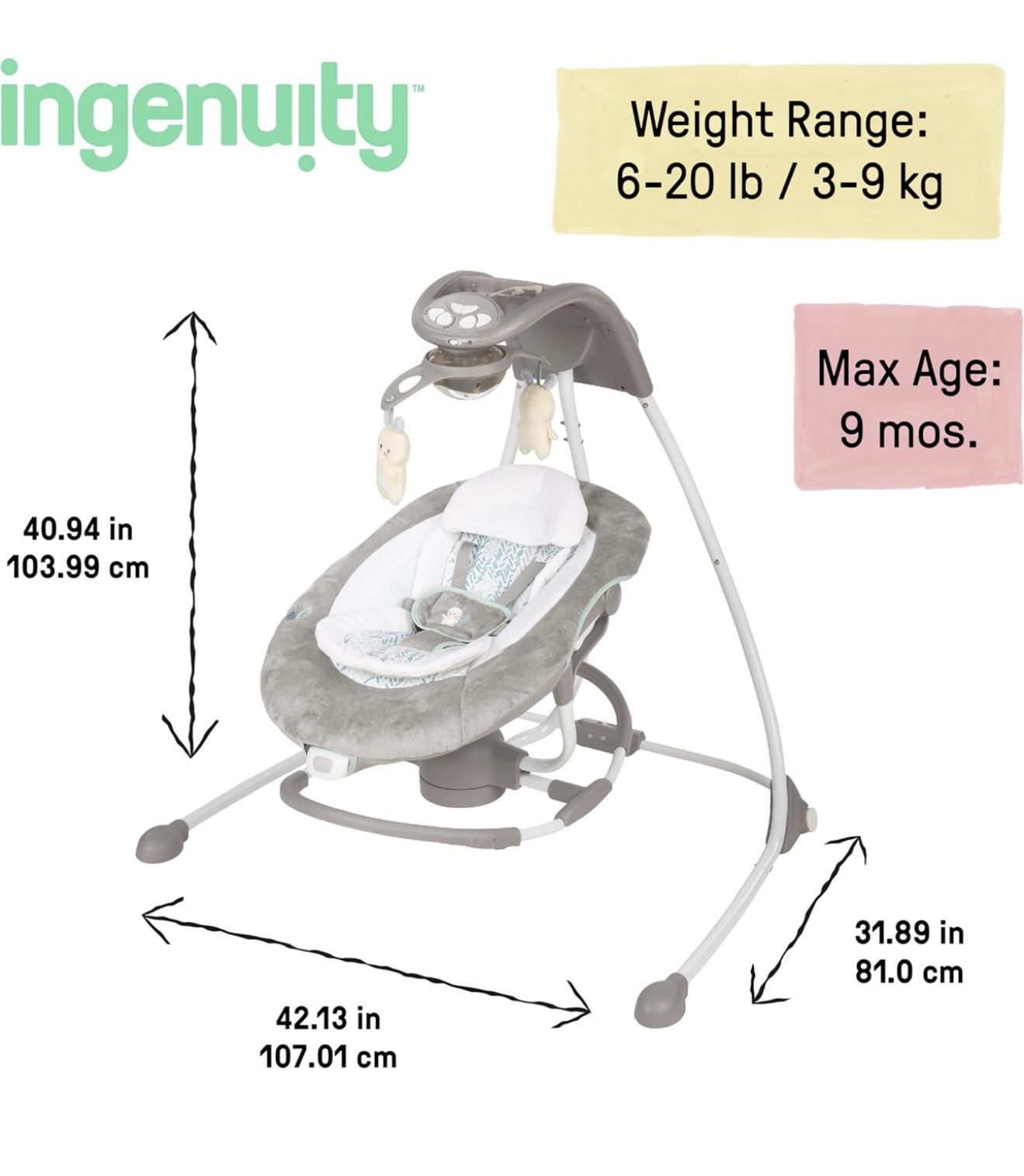 Ingenuity InLighten Baby Swing Easy-Fold, Sounds & Lights, 0-9 Months Up to 20 lbs