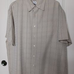 Geoffrey Beene Mens Short Sleeve Button Up XL 17-17 1/2 Tan Plaid dress Casual 