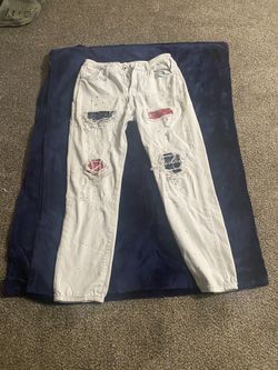 White Distressed Men's Jeans with Red & Navy Patch Accents