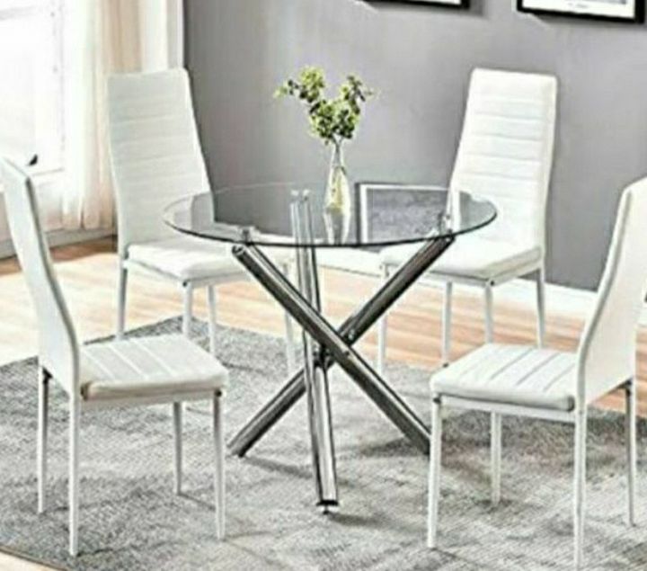 Brand new 5-piece modern dining table, dining room table, dining set, juego de comedor with glass tabletop and 4 chairs (Same Day Delivery Available).
