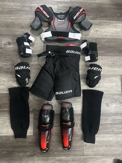 Jr Hockey Equipment Gear Bauer Shoulder Pads. Elbow Pads, Shin Guards, Gloves , Shorts, and Socks
