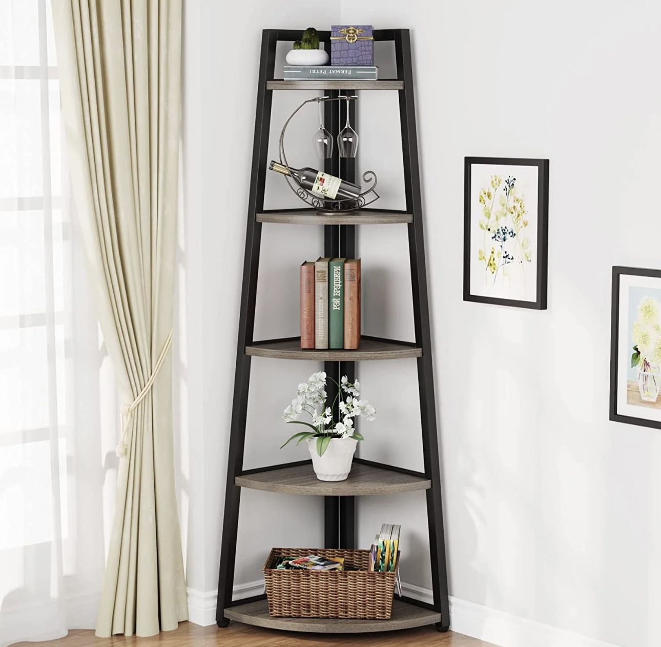 HL029 5-Tier Corner Shelf, 70" Tall Corner Ladder Shelf Small Bookshelf