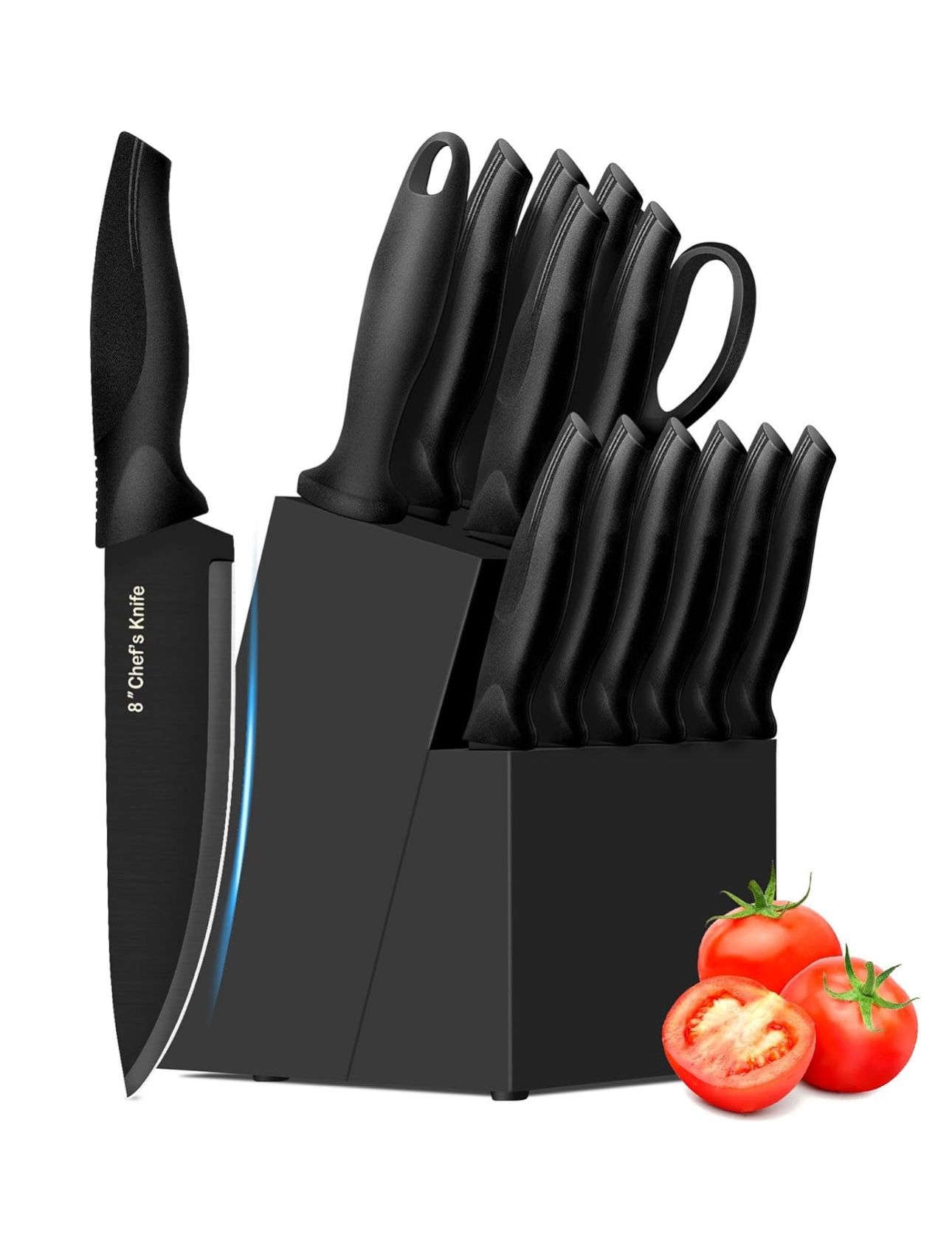 Knife Set, 14 Pieces Kitchen Knife Set, High Carbon German Stainless Steel, Dishwasher Safe Cutlery with Sharpener, Black