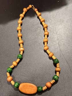 Wooden Beaded Necklace with Green Accents