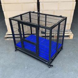 (Brand New) $150 Heavy-Duty Dog Cage 37x25x33” Single-Door Folding Crate Kennel with Plastic Floor & Tray 
