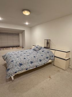 Queen bedroom set - White with black accents - bed, dresser, and mirror