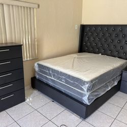 Queen Bee Frame With Mattress Set. 1 Nightstand And Chest. All New Furniture And Free Deliverys Free Installed 