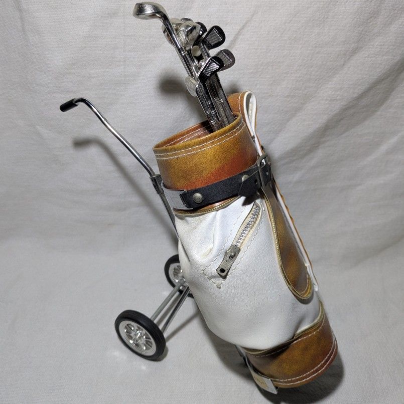VTG Collectible Miniature Leather Golf Bag W/Wheeled Stand -Removable Golf Clubs