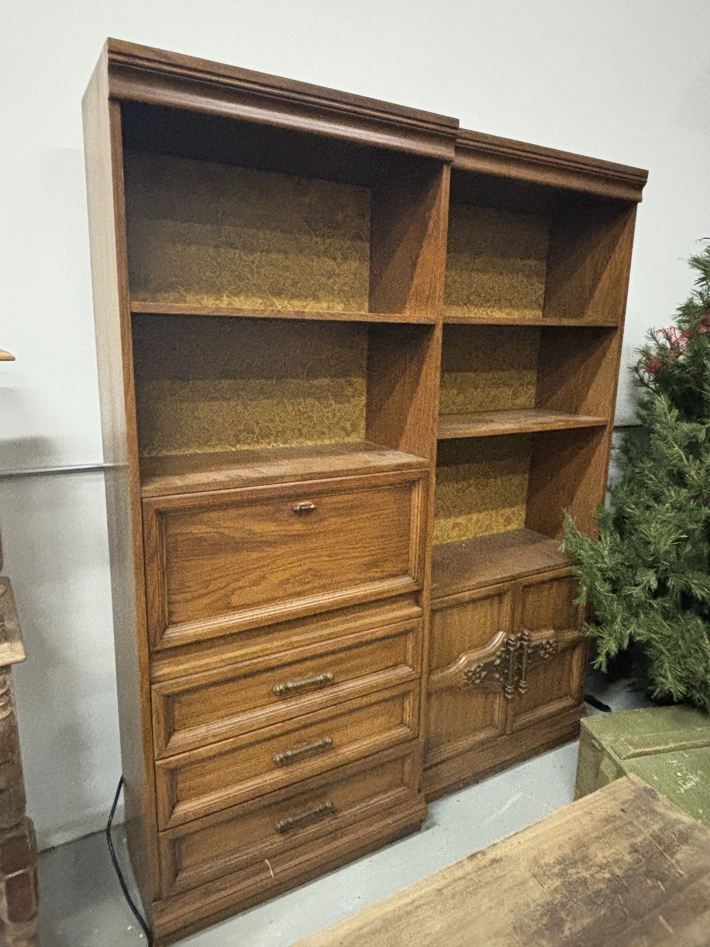 Set of Two Vintage Wooden Bookshelves – One with Storage Cabinets