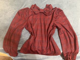 Red Plaid Bow-Neck Puff Sleeve Blouse