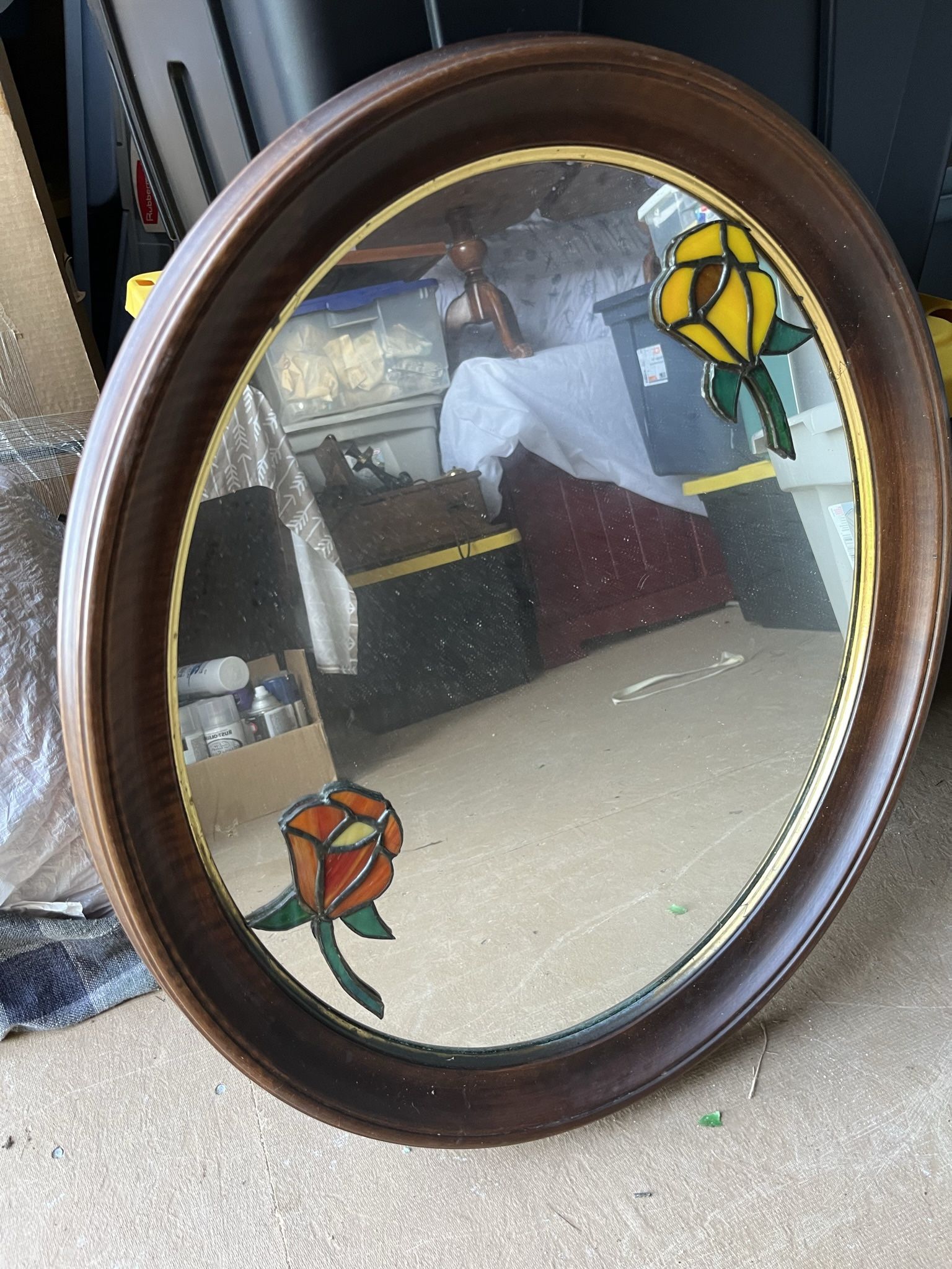 Antique Wooden And Stained Glass Mirror