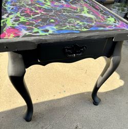 Cute Black Jackson Pollock-Inspired Epoxy Resin Accent Table with Drawer