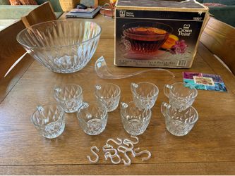 Vintage Anchor Hocking Crown Point 18-Piece Punch Bowl Set | Complete | NOS | Orig Box & Recipe Book