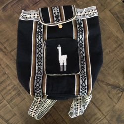 Peruvian Woven Backpack Native Inca Llama Black/Tan Stripe Drawstring