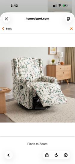Bird Pattern Linen Swivel Upholstered Metal Base Recliner with Manually Adjustable Backrest (Set of 1)