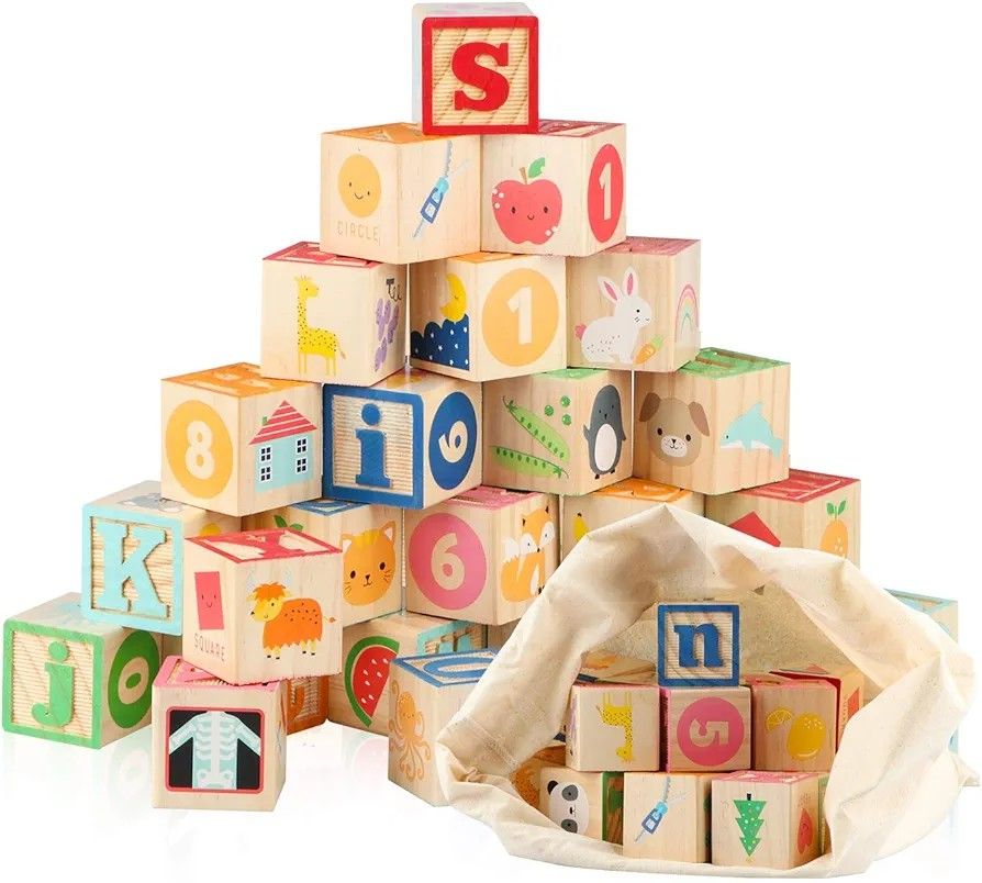 Jamohom Wooden ABC Building Blocks for kids 26 Wood Alphabet Number Blocks, 3yr+