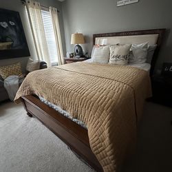Walnut Upholstered Queen Bed w/ mattress & box spring