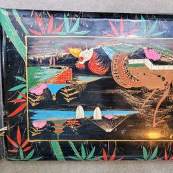 Mid 20th Century Vintage Japanese Black Lacquer Pagoda Hand Painted Photo Album Scrapbook