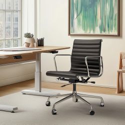 Herman Miller Aluminum Group Inspired Ribbed Mid Back Office Chair w/ Black Genuine Leather [NEW IN BOX]  **Retails for $400