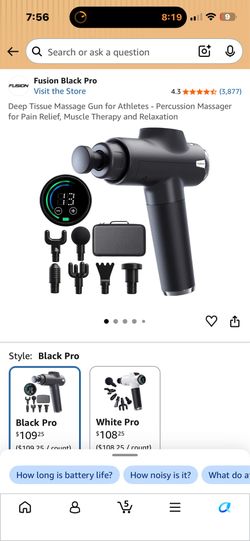 Fusion Black Pro Percussion Massage Gun, Rechargeable Handheld, 6 Heads, Case