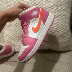 Size 6.5 Youth Nike Air Jordan 1 Mid Pinksicle, Orange & White Shoes