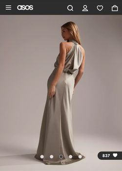 green emerald velvet dress Zapaka Women Dusty Sage Bridesmaid Dress Halter Neck Satin Sheath Long Wedding Guest Dress, Dusty Sage / US16W main image 1