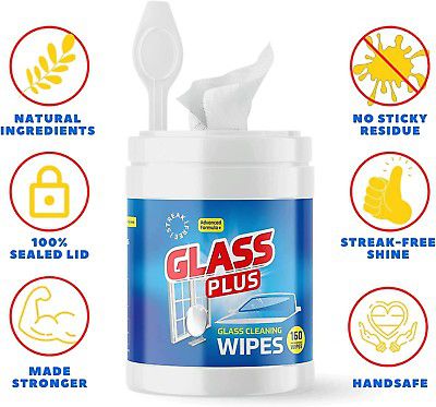 Glass Plus Glass Cleaning Wipes (160 Wipes/Canister) Set Of 3 Canisters