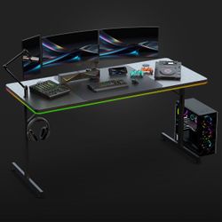 New GTPLAYER 55 Inch Gaming Desk with LED Lights, Carbon Fibre Surface, Mouse Pad