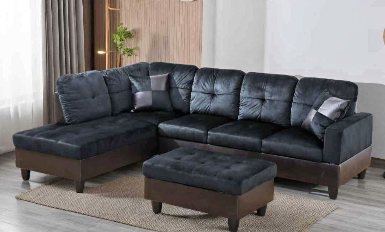 Midnight Black Microfiber Sectional Couch And Ottoman