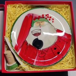 Vietri Italian Old St. Nick  Christmas canape plate with a matching wine cork