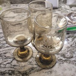 3 Antique Etched Topaz Glasses