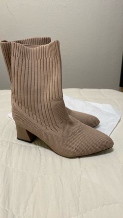 Taupe Knit Sock Ankle Boots Block Heel