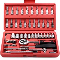 46 Pieces 1/4 inch Drive Socket Ratchet Wrench Set, with Bit Socket Set Metric and Extension Bar for Auto Repairing and Household, with Storage Case 