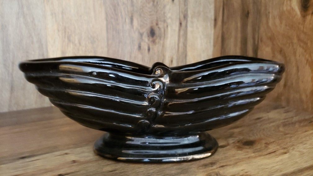 Vintage Antique 1960s Clay Pottery Ceramic Planter MCM Black Gold Ribbed